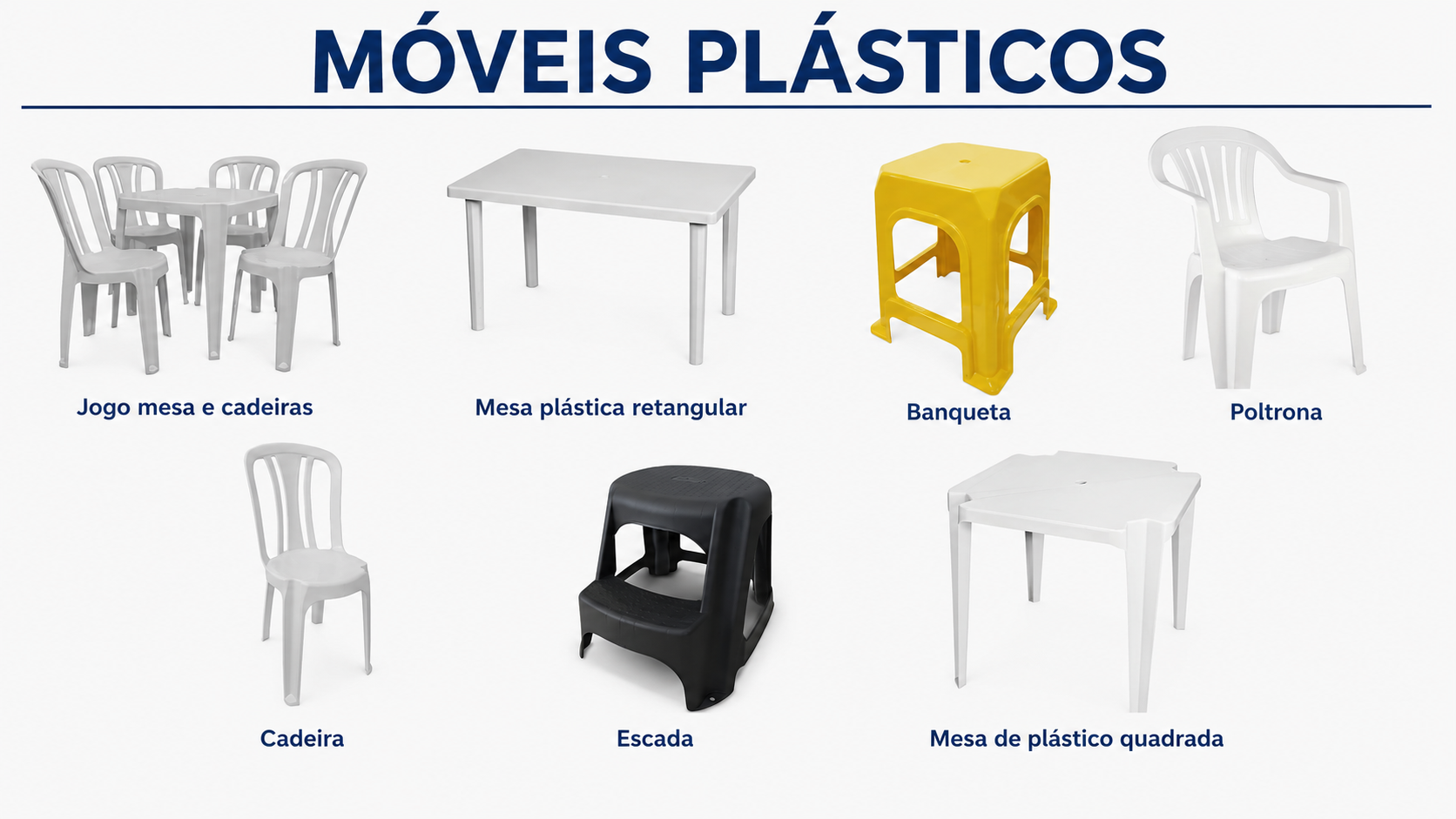 Categoria Móveis Plásticos — Mesas, cadeiras e apoios resistentes